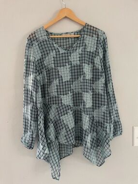 LOGO by Lori Goldstein Checkered Blouse - Blue and Gray